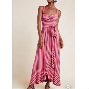 Anthropologie Maeve Gabriela Ruffled Maxi Dress  Cross back Pink Stripe sz M